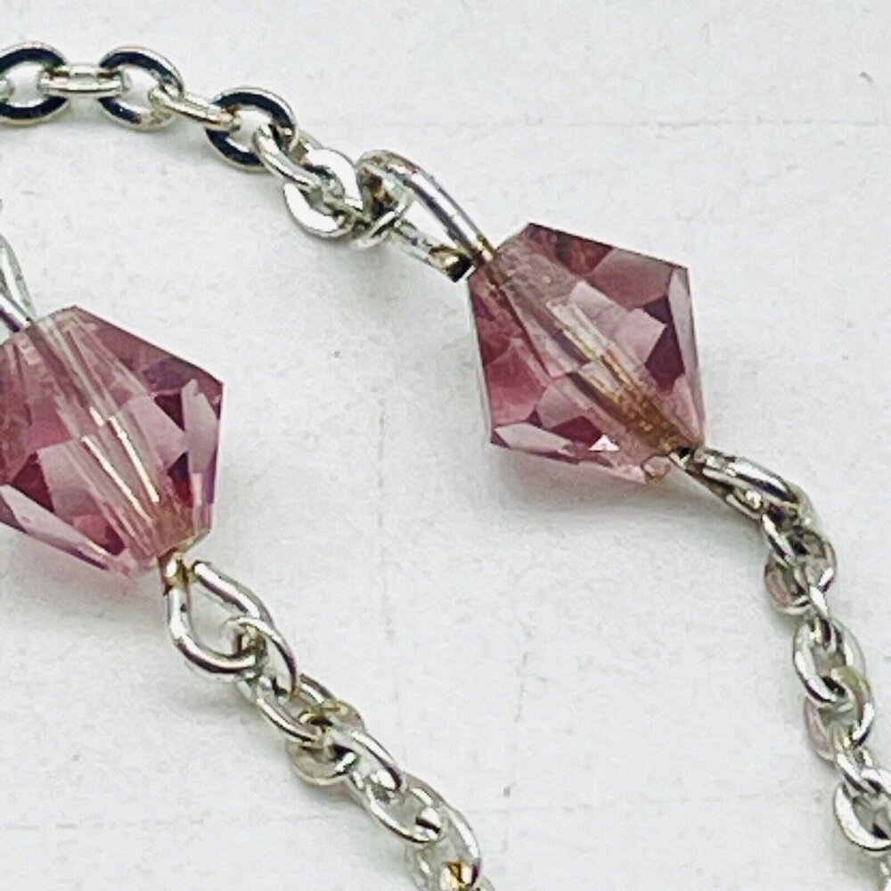 GIVENCHY Pink Bead Station Necklace Silver Tone Y Drop Dainty Victorian Style - Picture 5 of 7
